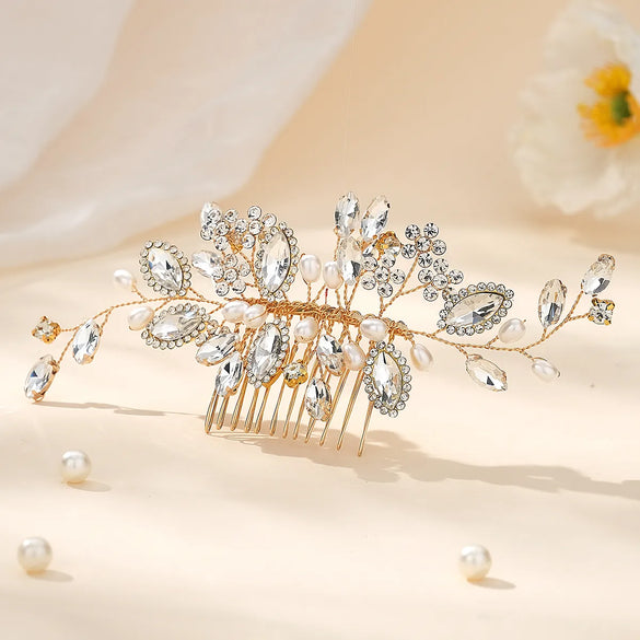 Women'S Bridal Shiny Leaf Flower Copper Plating Inlay Artificial Pearls Rhinestones Insert Comb