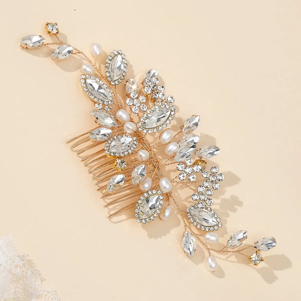 Women'S Bridal Shiny Leaf Flower Copper Plating Inlay Artificial Pearls Rhinestones Insert Comb