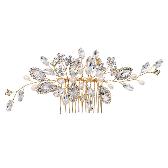 Women'S Bridal Shiny Leaf Flower Copper Plating Inlay Artificial Pearls Rhinestones Insert Comb
