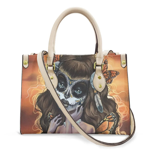 Women'S Medium Pu Leather Human Floral Streetwear Square Hook Loop Tote Bag
