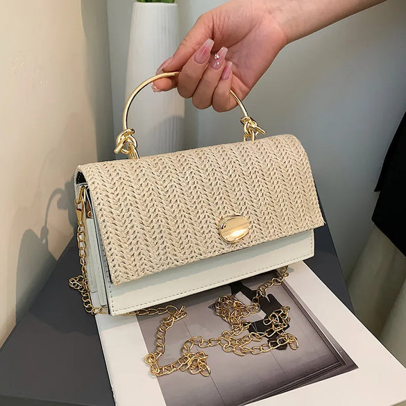 Women'S Medium Straw Solid Color Fashion Square Flip Cover Crossbody Bag Square Bag Chain Bag