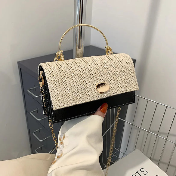 Women'S Medium Straw Solid Color Fashion Square Flip Cover Crossbody Bag Square Bag Chain Bag