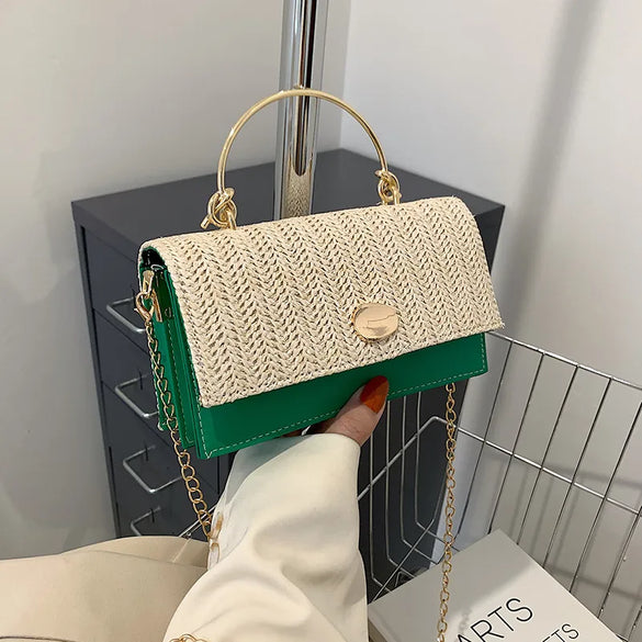 Women'S Medium Straw Solid Color Fashion Square Flip Cover Crossbody Bag Square Bag Chain Bag