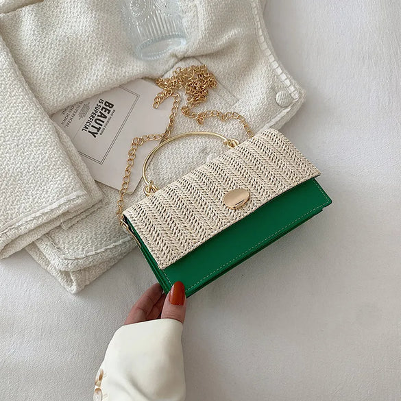 Women'S Medium Straw Solid Color Fashion Square Flip Cover Crossbody Bag Square Bag Chain Bag