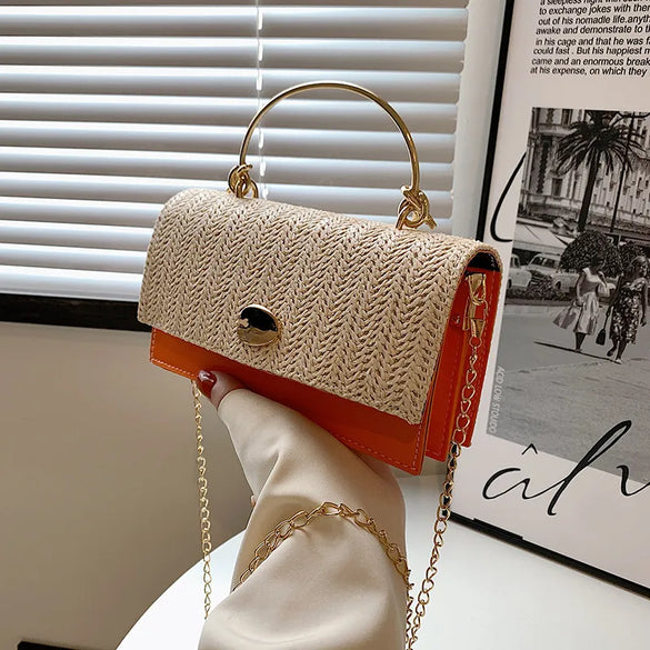Women'S Medium Straw Solid Color Fashion Square Flip Cover Crossbody Bag Square Bag Chain Bag