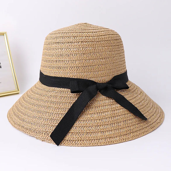 Women'S Pastoral Simple Style Solid Color Bowknot Big Eaves Straw Hat