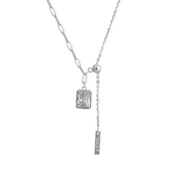 Women'S S925 Sterling Silver Square Diamond Tassel Necklace Special Interest Light Luxury Graceful Geometric Zircon New Style Collarbone Necklace
