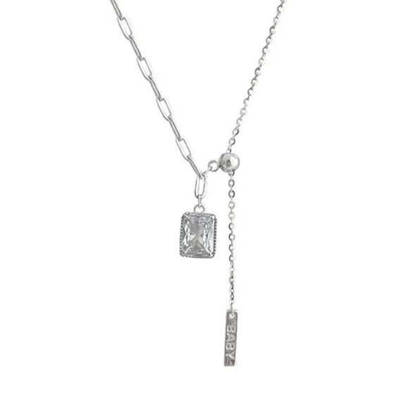 Women'S S925 Sterling Silver Square Diamond Tassel Necklace Special Interest Light Luxury Graceful Geometric Zircon New Style Collarbone Necklace