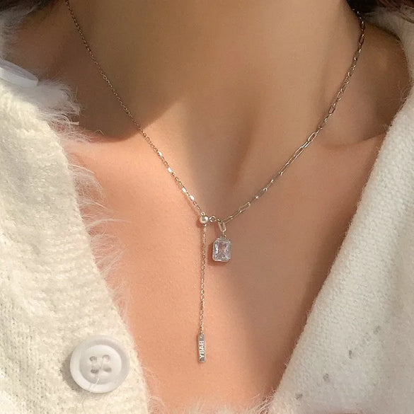 Women'S S925 Sterling Silver Square Diamond Tassel Necklace Special Interest Light Luxury Graceful Geometric Zircon New Style Collarbone Necklace
