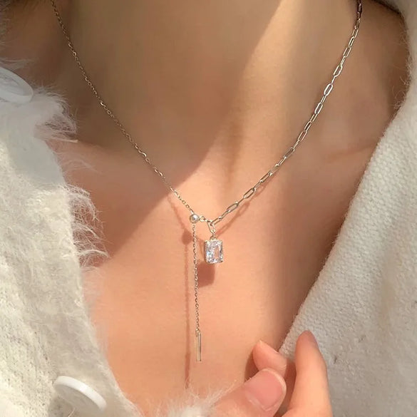 Women'S S925 Sterling Silver Square Diamond Tassel Necklace Special Interest Light Luxury Graceful Geometric Zircon New Style Collarbone Necklace