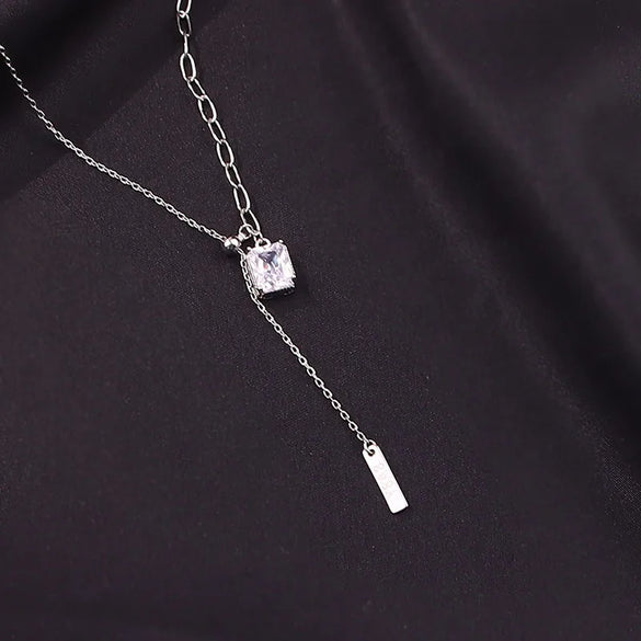 Women'S S925 Sterling Silver Square Diamond Tassel Necklace Special Interest Light Luxury Graceful Geometric Zircon New Style Collarbone Necklace