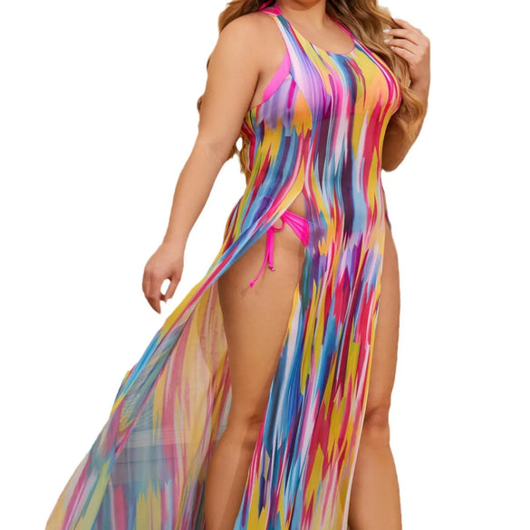 Women'S Sexy Multicolor Stripe 3 Pieces Set Plus Size Swimwear Swimwear