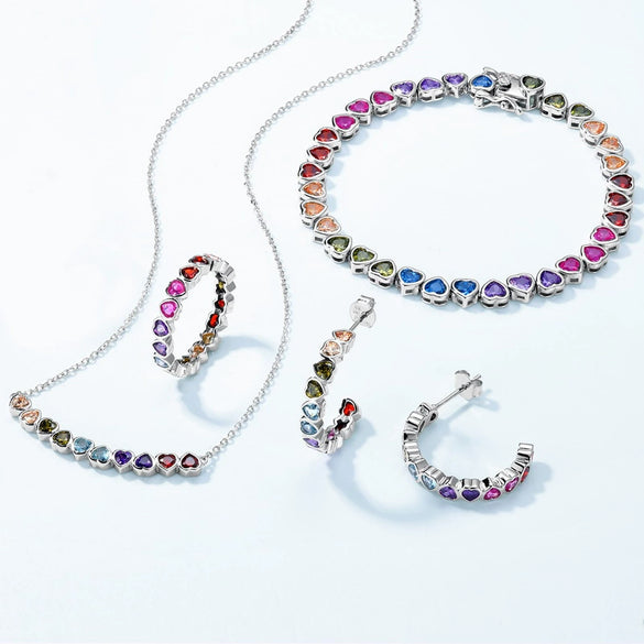 Women S925 Silver Geometric Love Color Zircon Set Clavicle Necklace