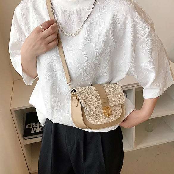 Women'S Small Straw Solid Color Basic Square Flip Cover Shoulder Bag