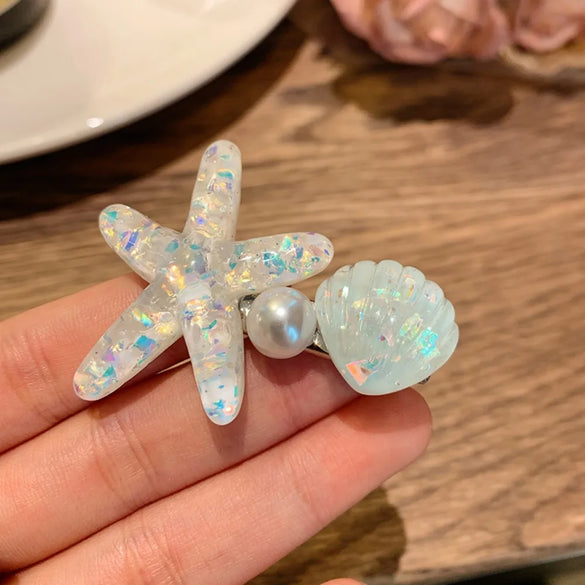 Women'S Sweet Korean Style Starfish Shell Plastic Inlay Artificial Pearls Hair Clip