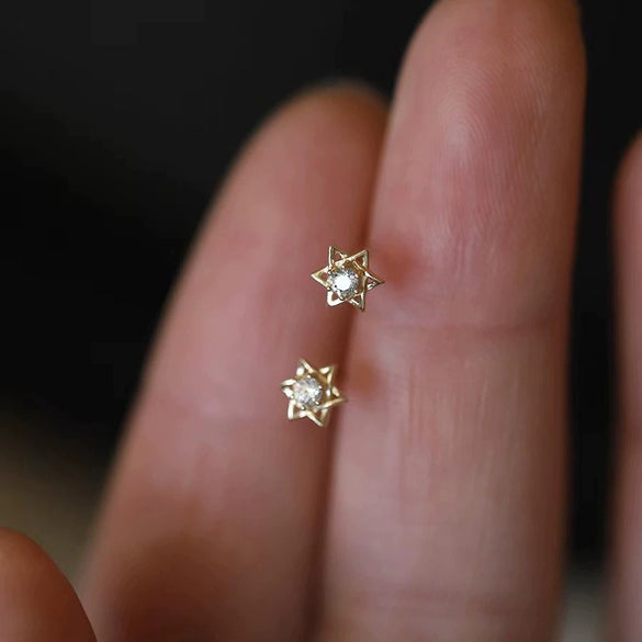 Women Sterling Silver 14K Gold Plated Mini Diamond Encrusted Star Earrings
