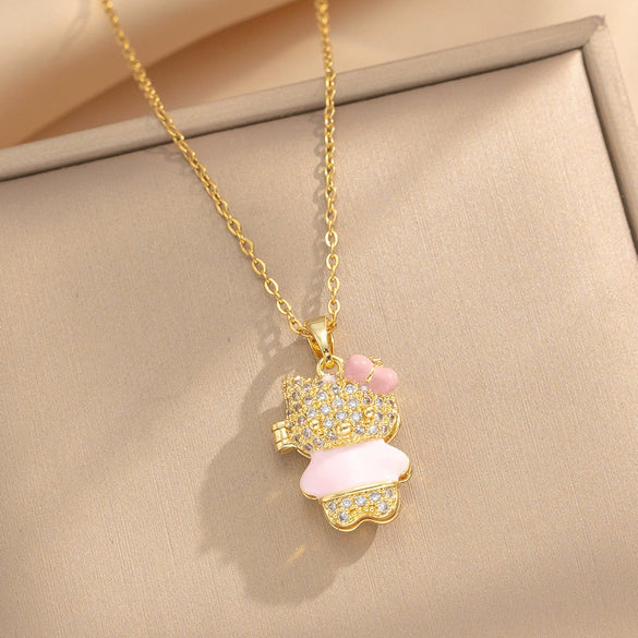 Women Sweet Cute Bear Pendant Necklace Titanium Steel Animal Pattern Cross Chain Set With Diamonds Electroplated In Vacuum Furnace