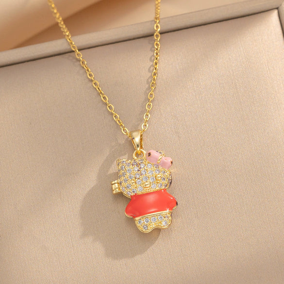 Women Sweet Cute Bear Pendant Necklace Titanium Steel Animal Pattern Cross Chain Set With Diamonds Electroplated In Vacuum Furnace