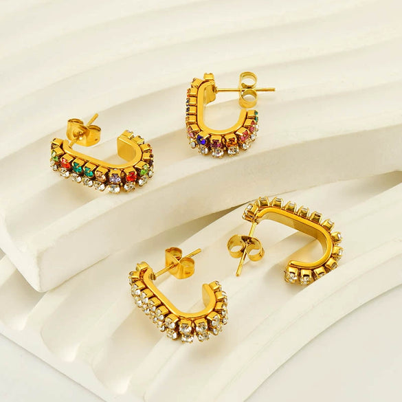 Women 316L Stainless Steel U Shaped Geometric Diamond Earrings With 18K Vacuum Plating And Electroplating Treatment