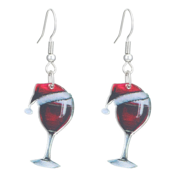 Women's Acrylic Christmas Hat And Wine Glass Pendant Earrings With Printed Festive Cartoon Design