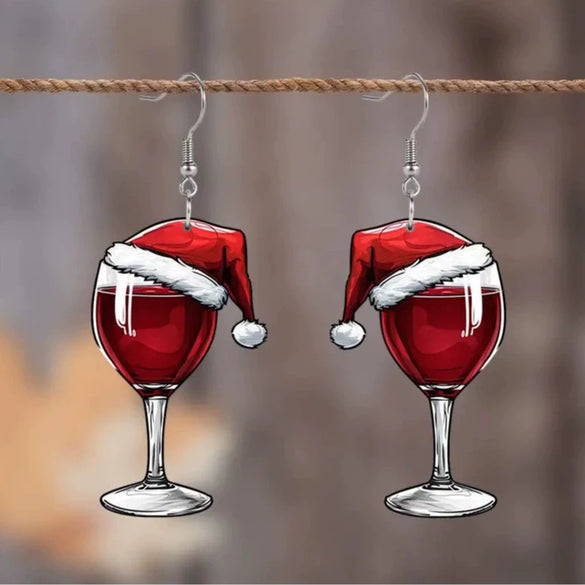 Women's Acrylic Christmas Hat And Wine Glass Pendant Earrings With Printed Festive Cartoon Design