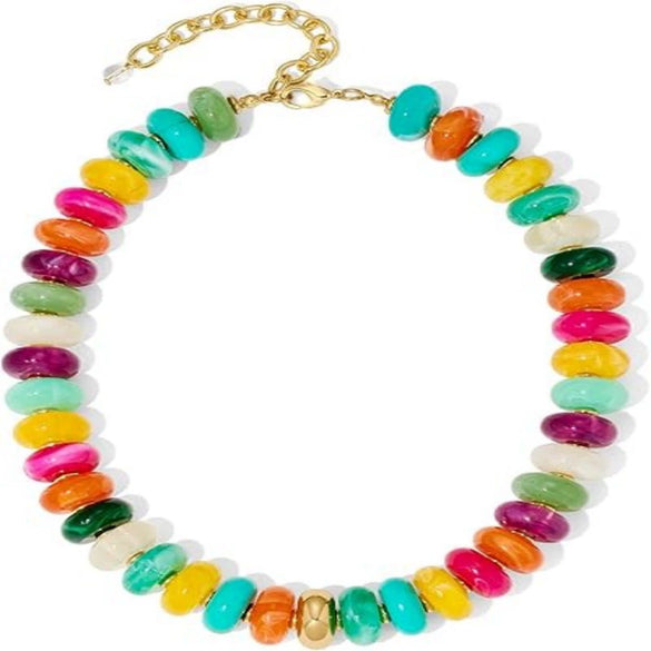 Women's Acrylic Geometric Bead Necklace With Stainless Steel Pendant Ball Chain And Handmade Beading Adjustable Choker