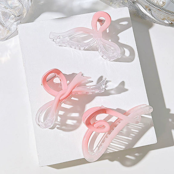 Women's Acrylic Gradient Pink Bow Headwear Set With Baking Paint Process Grab Clip And Shark Clip Included