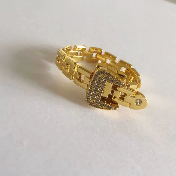 Women's Adjustable Brass Fashion Ring With Soft Chain And Rhinestone Belt Buckle Design