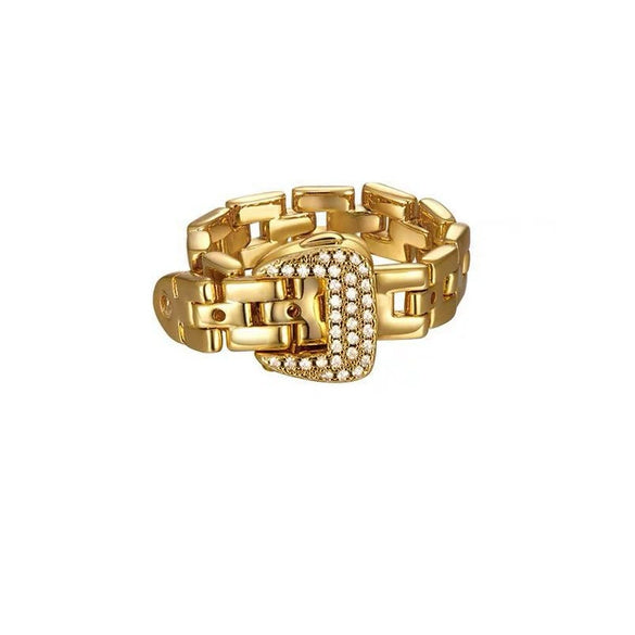 Women's Adjustable Brass Fashion Ring With Soft Chain And Rhinestone Belt Buckle Design