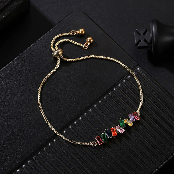 Women's Adjustable Copper Crystal And Zircon Geometric Bracelet With Electroplated Colorful Diamond Style