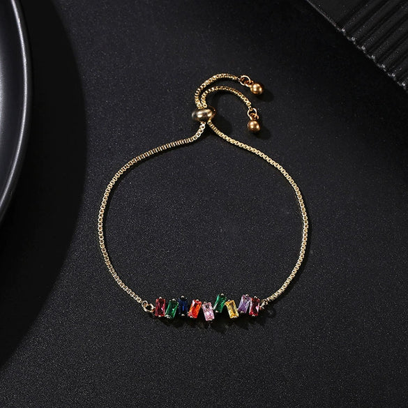 Women's Adjustable Copper Crystal And Zircon Geometric Bracelet With Electroplated Colorful Diamond Style