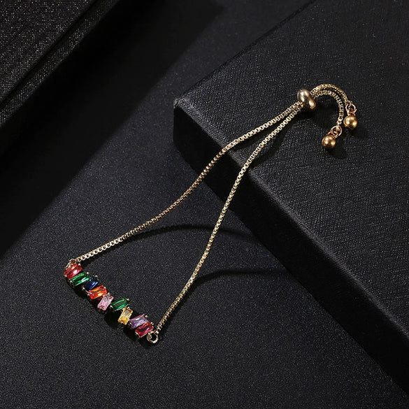 Women's Adjustable Copper Crystal And Zircon Geometric Bracelet With Electroplated Colorful Diamond Style