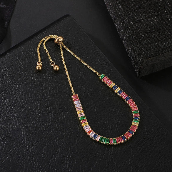Women's Adjustable Copper Crystal Zircon Bracelet With Colorful Geometric Glass Inlay