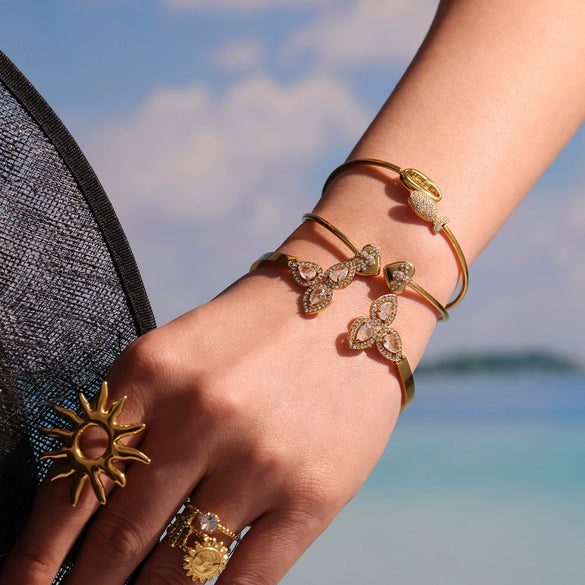 Women's Adjustable Ferris Wheel Open Bracelet With Full Diamond Zircon Flower Stainless Steel Electroplated Design