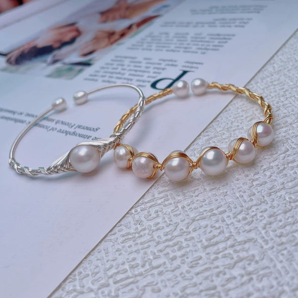 Women's Adjustable Freshwater Pearl Bracelet Copper Alloy Minimalist Style Round Shape Handwound 14K Electroplated
