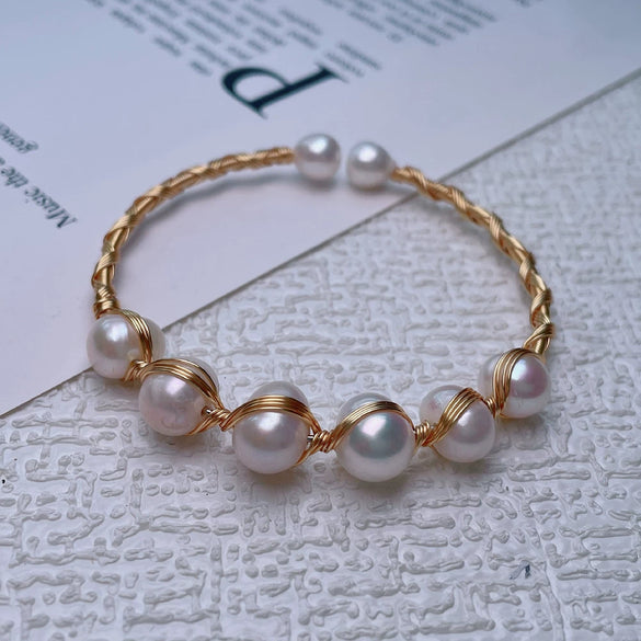 Women's Adjustable Freshwater Pearl Bracelet Copper Alloy Minimalist Style Round Shape Handwound 14K Electroplated