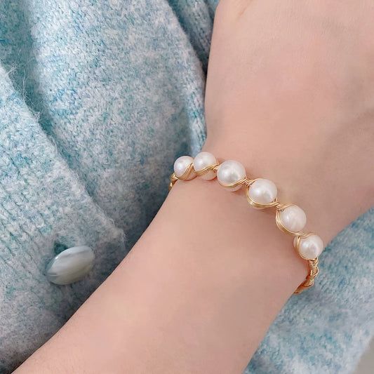 Women's Adjustable Freshwater Pearl Bracelet Copper Alloy Minimalist Style Round Shape Handwound 14K Electroplated