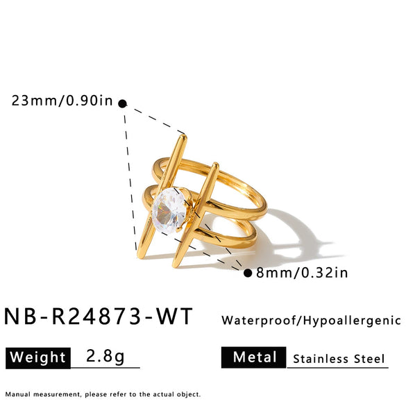 Women's Adjustable Geometric Stainless Steel Ring With Zircon Accents And 18K Vacuum Electroplated Finish