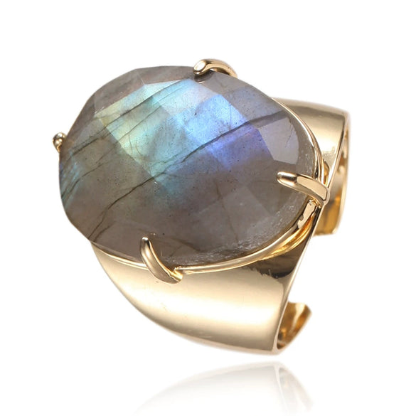Women's Adjustable Natural Stone Ring Agate Gold Plated Geometric Style Jewelry