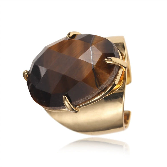 Women's Adjustable Natural Stone Ring Agate Gold Plated Geometric Style Jewelry