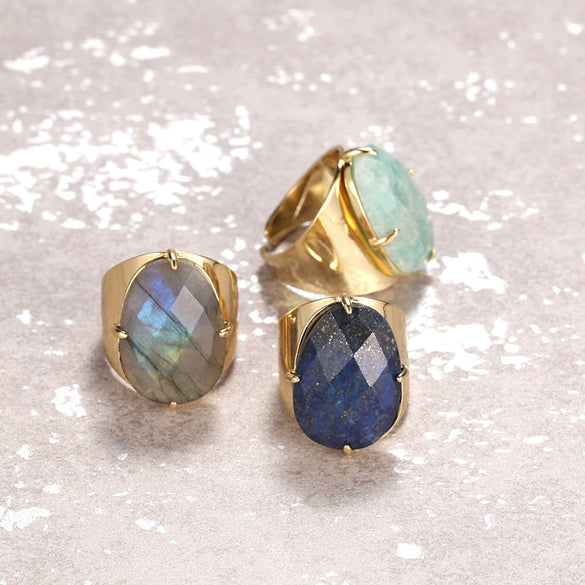 Women's Adjustable Natural Stone Ring Agate Gold Plated Geometric Style Jewelry