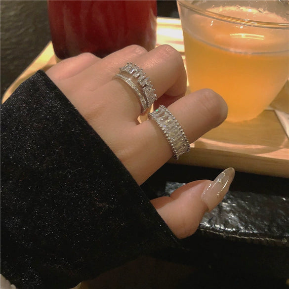 Women's Adjustable Open Geometric Copper Ring With Zircon Inlay Double Band Electroplated Fashion Jewelry