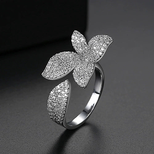 Women's Adjustable Open Ring With Four Leaf Clover Flower Design Electroplated Copper And Micro Inlaid Zircon Fashion Jewelry