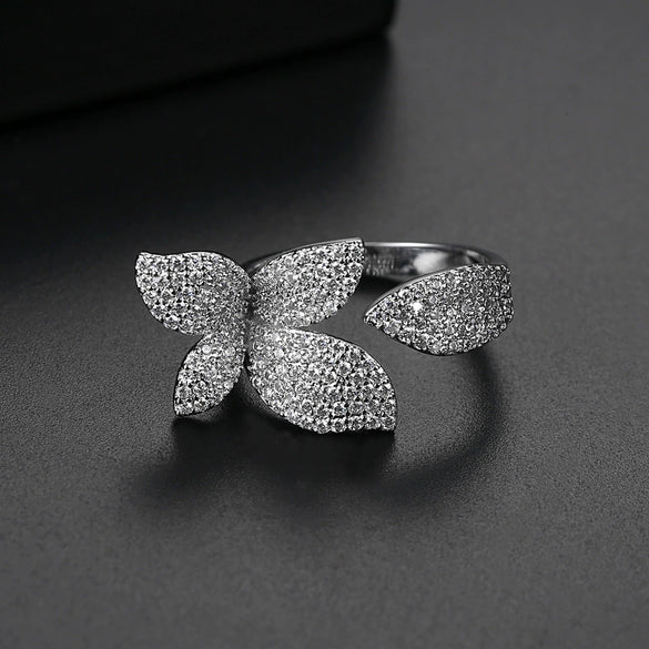 Women's Adjustable Open Ring With Four Leaf Clover Flower Design Electroplated Copper And Micro Inlaid Zircon Fashion Jewelry