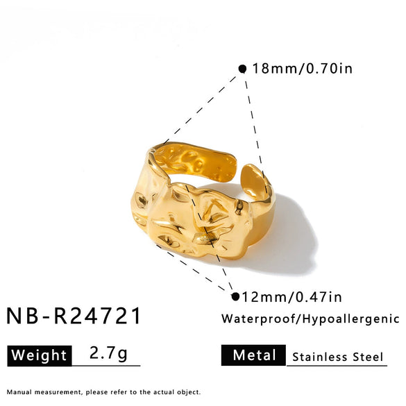 Women's Adjustable Open Stainless Steel Geometric Ring With Vintage Heart And Flower Pattern And 18K Vacuum Plated Finish