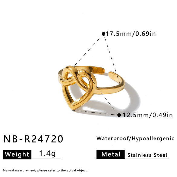 Women's Adjustable Open Stainless Steel Geometric Ring With Vintage Heart And Flower Pattern And 18K Vacuum Plated Finish