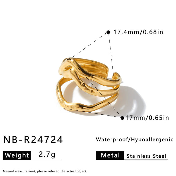 Women's Adjustable Open Stainless Steel Geometric Ring With Vintage Heart And Flower Pattern And 18K Vacuum Plated Finish