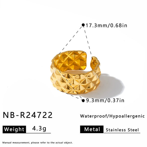 Women's Adjustable Open Stainless Steel Geometric Ring With Vintage Heart And Flower Pattern And 18K Vacuum Plated Finish
