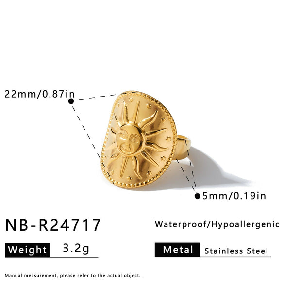 Women's Adjustable Open Stainless Steel Geometric Ring With Vintage Heart And Flower Pattern And 18K Vacuum Plated Finish