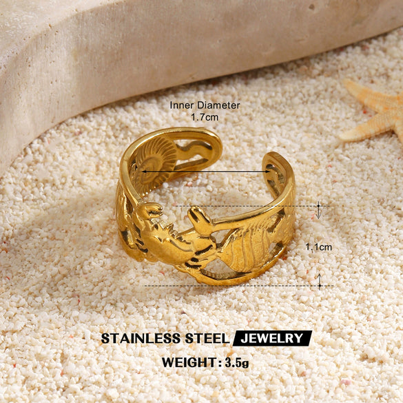 Women's Adjustable Open Stainless Steel Ring With 18K Gold Finish Hollow Starfish And Shell Design Minimalist Style
